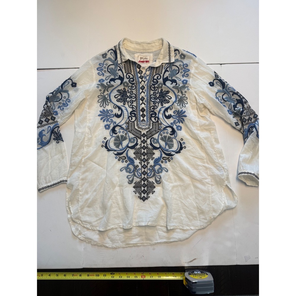 Johnny Was Biya Embroidered Cotton Tunic Top White Blue Boho A3444-417 XS